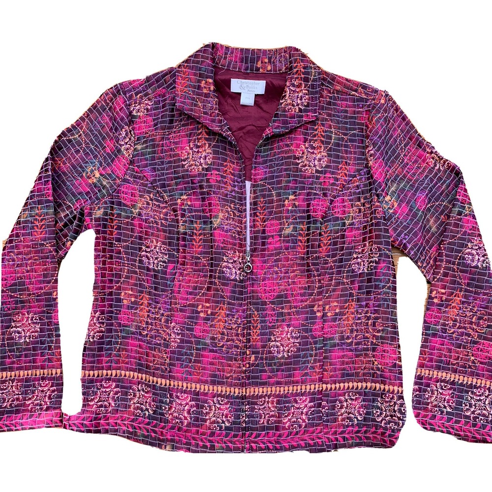Christopher & Banks Jacket Blazer Womens Petite Red Embroidered Floral Full Zip